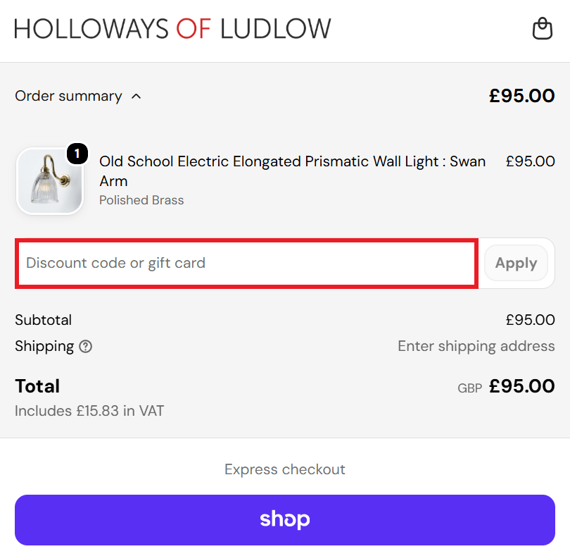 Holloways of Ludlow discount code box in the shopping basket image