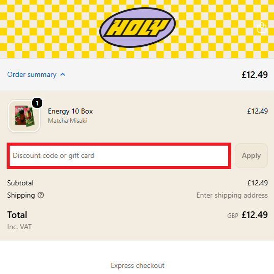 HOLY discount code box in shopping cart image