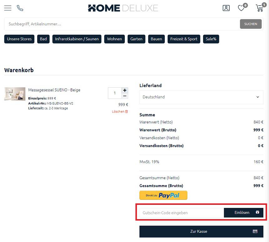 Screenshot aus dem Warenkorb mit Feld zum Einlösen vom Home Deluxe Gutschein