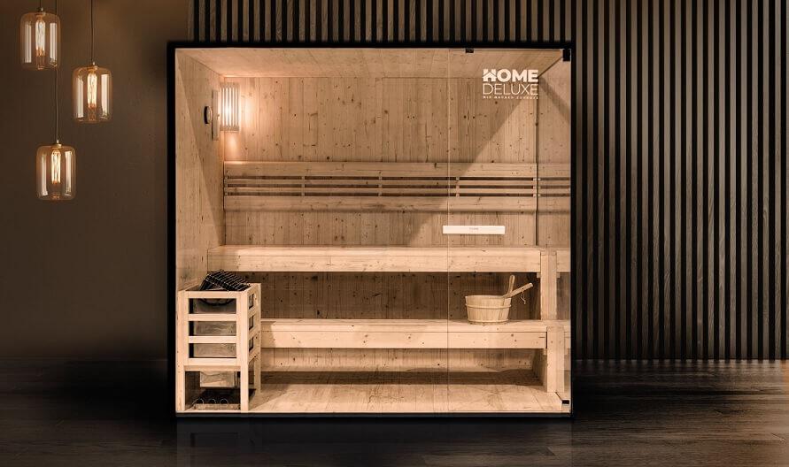 Abbildung einer Indoor-Sauna als Banner für die Home-Deluxe-Gutscheinseite