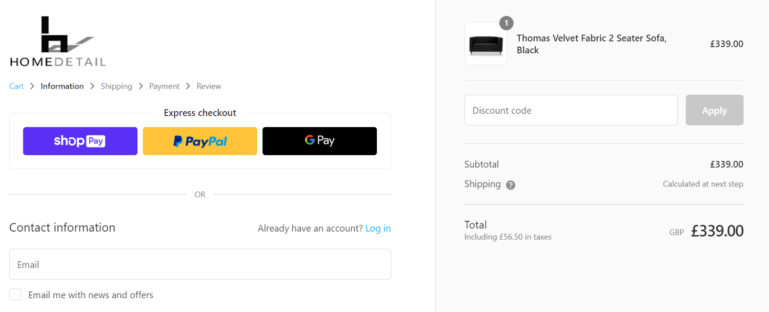 Home Detail discount code box - checkout
