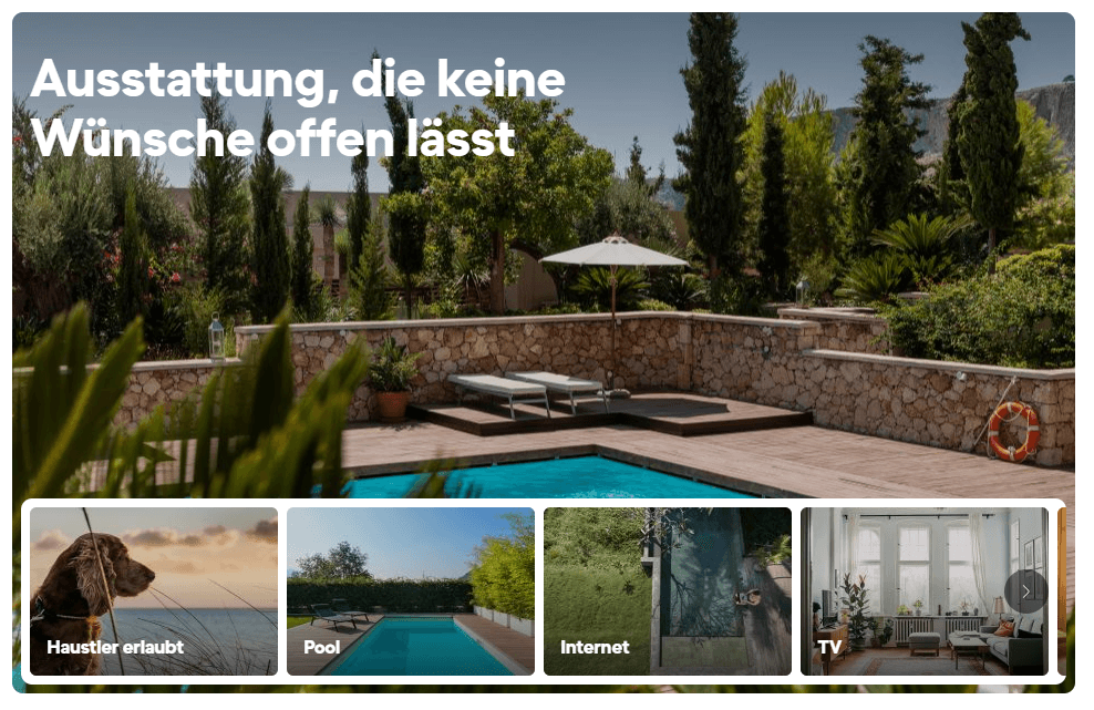 Auswahl der Optionen für HomeToGo-Ferienhäuser: Haustier erlaubt, Pool, Internet, TV