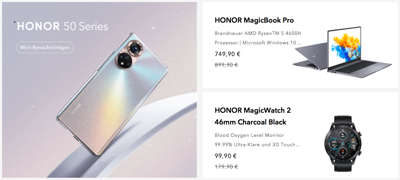 Honor Online Shop mit Smartphone, Latop und Smartwatch Sortiment