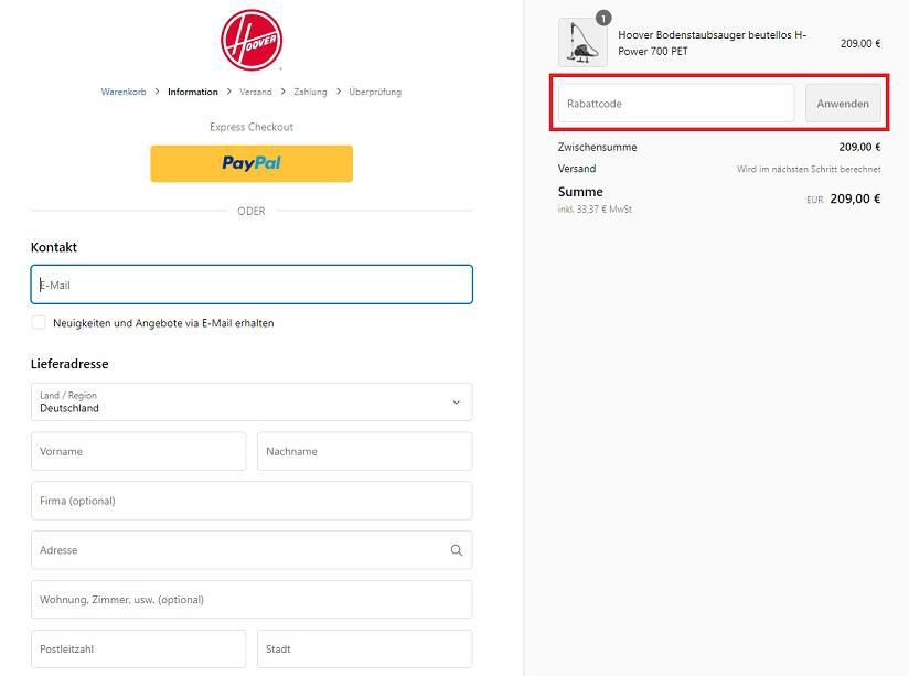 Screenshot aus dem Warenkorb mit Hinweis darauf, wo du den Hoover Gutschein anwenden kannst