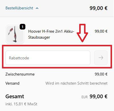 Screenshot aus dem Warenkorb mit Hinweis darauf, wo du den Hoover Gutschein anwenden kannst