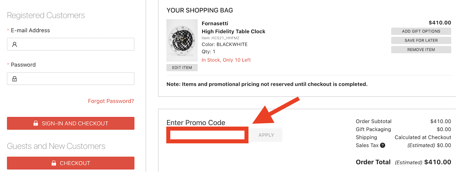 red arrow pointing to horchow promo code box