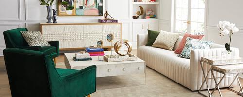 horchow furniture scattered in living room
