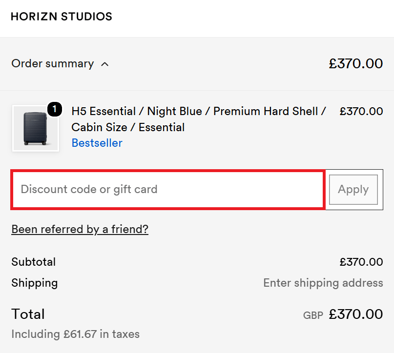 Horizn Studios discount code box in shopping cart