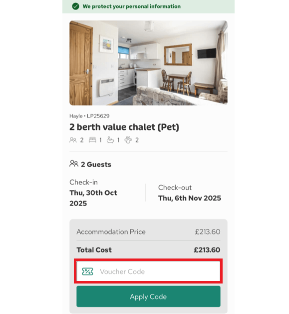 Hoseasons discount code box during booking process image