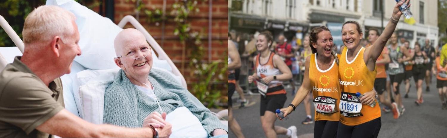 Hospice UK wide image showing a smiling female patient holding hands with a man, alongside 2 happy female runners wearing Hospice UK tops
