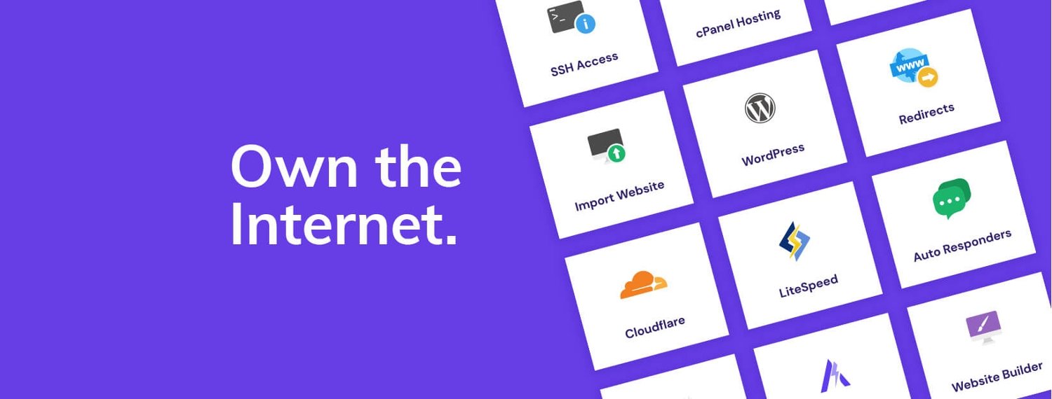 Icons with available Hostinger Cloud and Web services. Text reads: Own The Internet