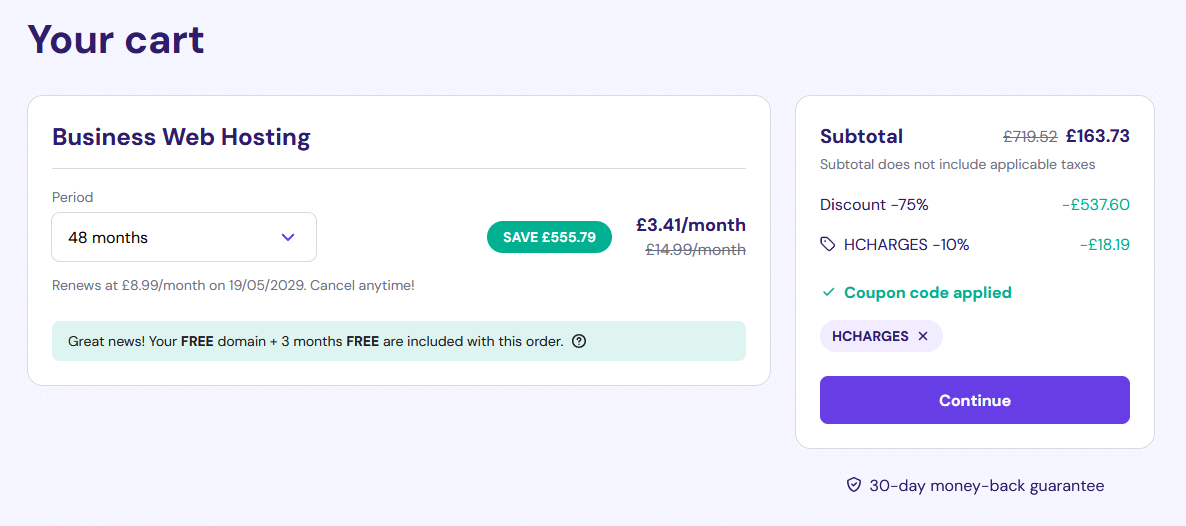 Screenshot of the payment page displaying the Hostinger coupon redemption box