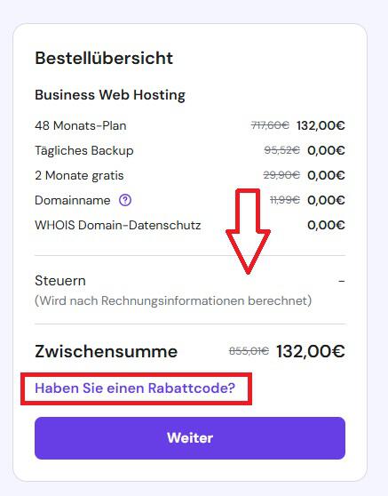 Eingebefeld um deinen Hostinger Rabattcode einzugeben