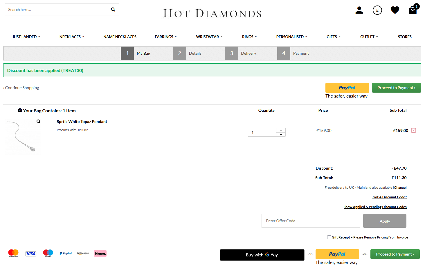 Application box for your Hot Diamonds discount code at the online checkout window