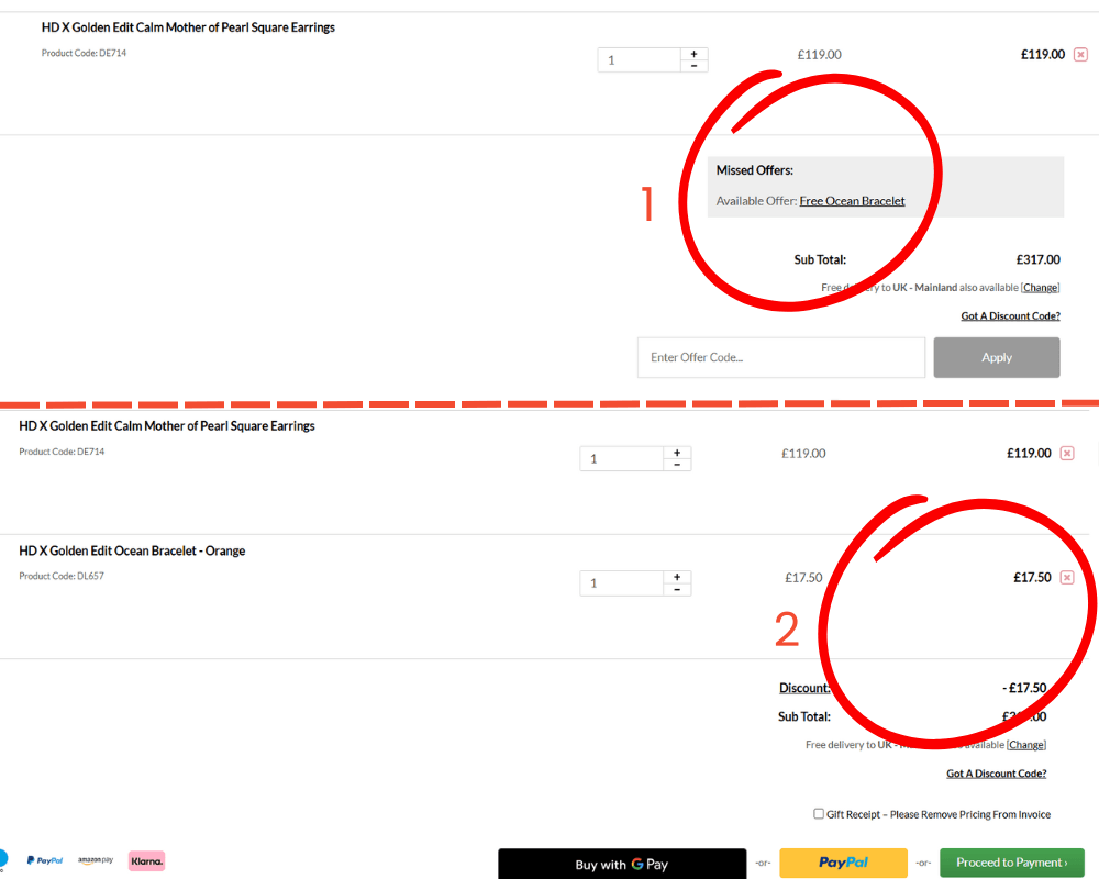 Screenshots demonstrating the online checkout with a discount notification, "Missed Offers, available offer: Free Ocean Bracelet (clickable link)", underneath the basket summary. A second screenshot with Free Ocean Bracelet added to basket for £17.50, and a £17.50 discount in the basket Subtotal section.