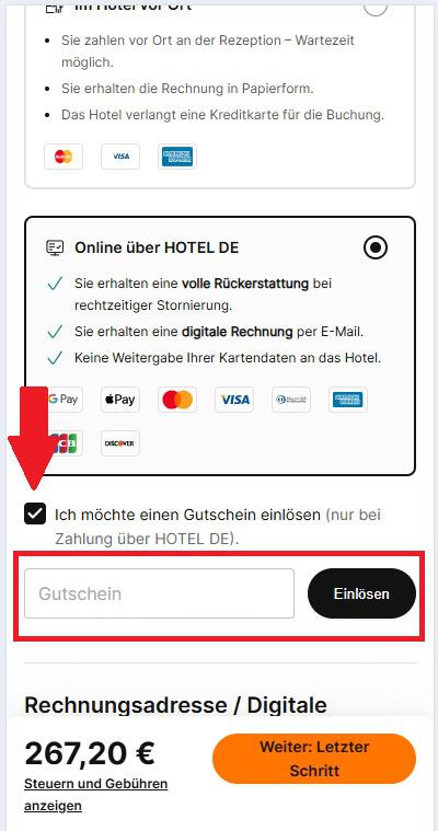 Eingabefeld zur Einlösung vom Hotel.de Gutschein bei der Online-Buchung