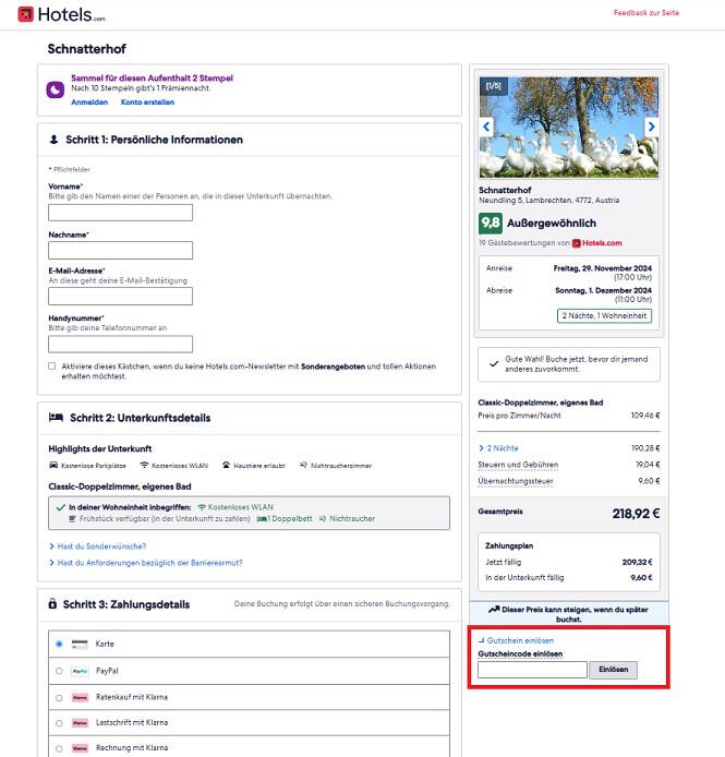 img: hotels.com-gutschein-einloesen / alt: Screenshot aus dem Warenkorb mit Hinweis darauf, wo du den Hotels.com Gutschein einlösen kannst.