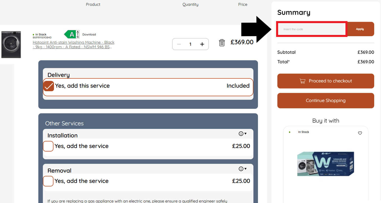 Hotpoint discount code box in shopping basket