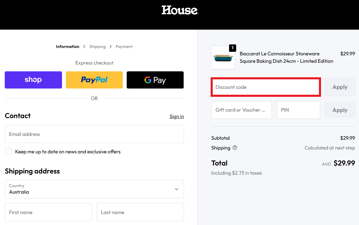 House discount code redemption box during checkout