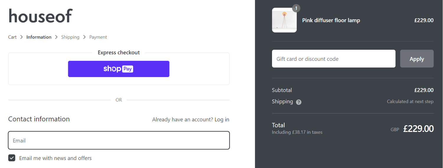 Screenshot of the Houseof discount code box at checkout on the Houseof website