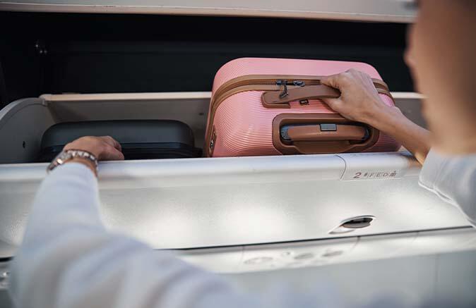 Stewardess handling carry-on luggage
