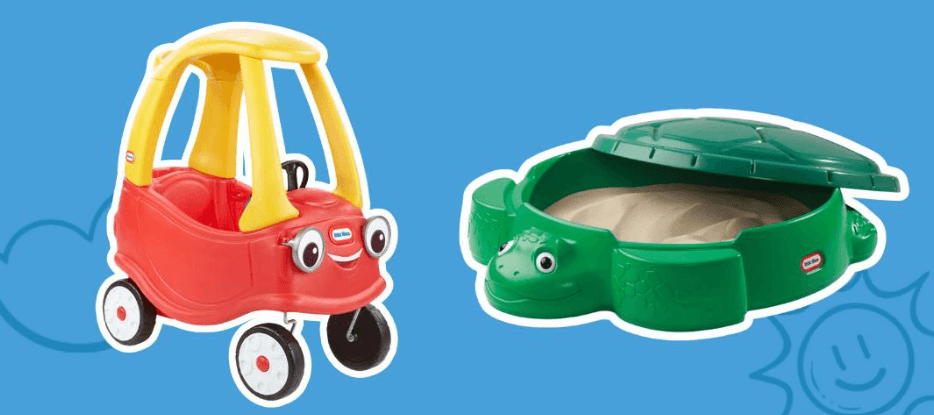 How to save at Little Tikes banner - A ride-on toy and sandpit against a bright blue background