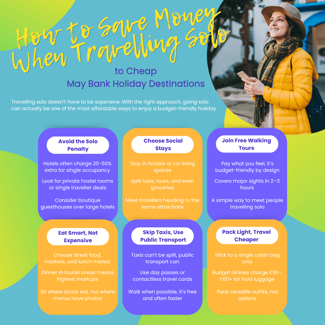 How to save money when travelling solo infographic revealing how to budget better when holidaying on your own, including how to avoid the hotel single supplement charge.