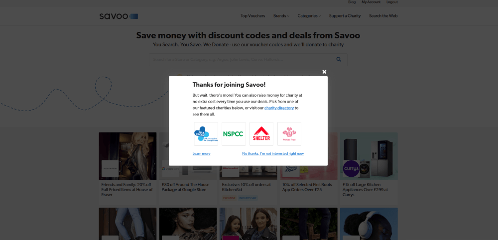 Image of the Savoo account Welcome screen demonstrating the last stage of the charity account sign-up process. Text reads: Thanks for Joining Savoo... pick from one of our featured charities