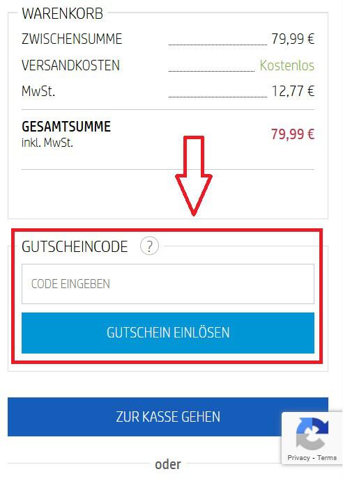 Warenkorbansicht mit Eingabefeld für einen HP Gutschein