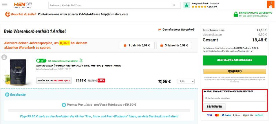 Screenshot vom Eingabefeld für einen HSN Gutschein