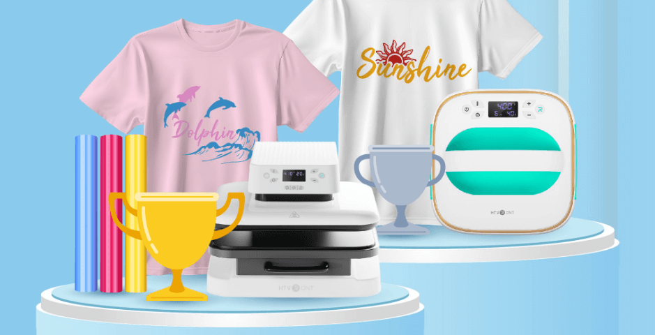HTVRONT offers page image showing 2 printed t-shirts behind a machine