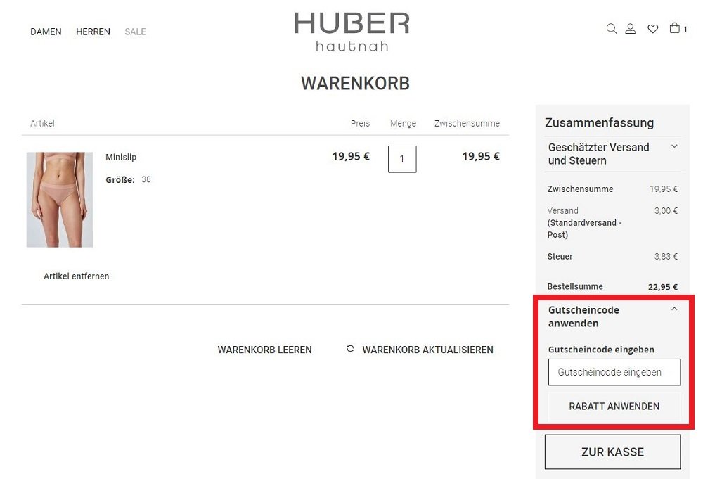 Huber Bodywear Gutschein im Warenkorb einlösen