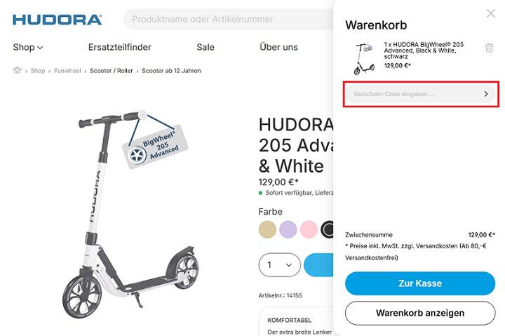 img: hudora-gutschein-einloesen / alt: Screenshot aus dem Warenkorb mit Hinweis darauf, wie du den HUDORA Gutschein einlösen kannst.