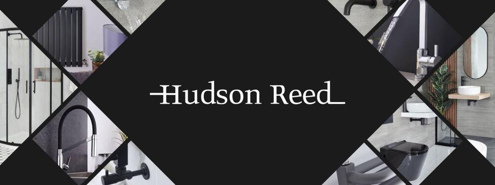 Banner der Seite für Hudson Reed Gutscheine mit Markenname und drumherum kachelartig angeordneten Fotos verschiedener Badezimmer-Details