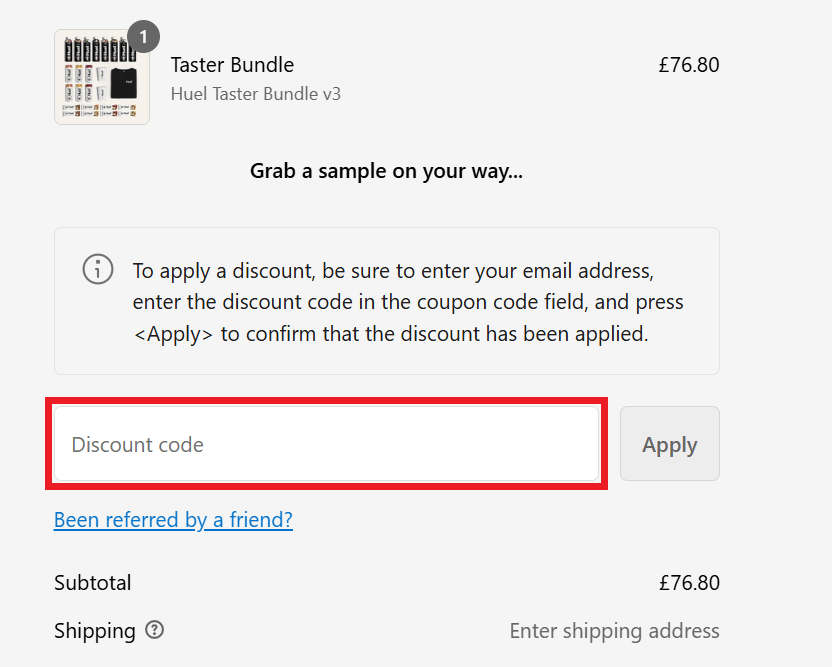 Huel discount code redemption area image