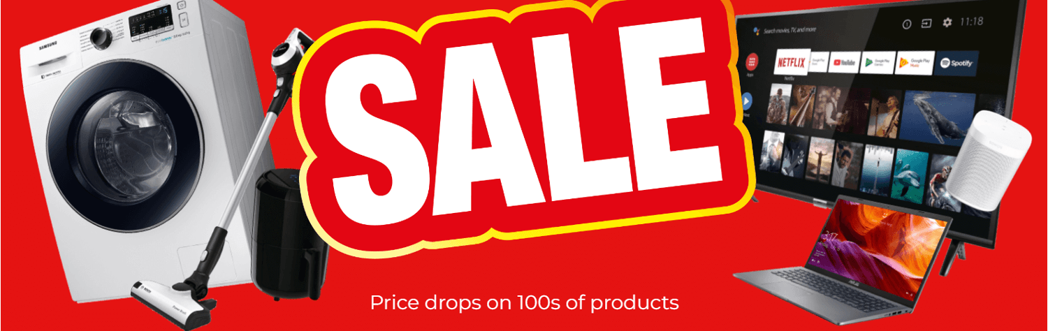 Hughes sale banner featuring washing machine, vacuum cleaner, TV, Laptop and smart speaker