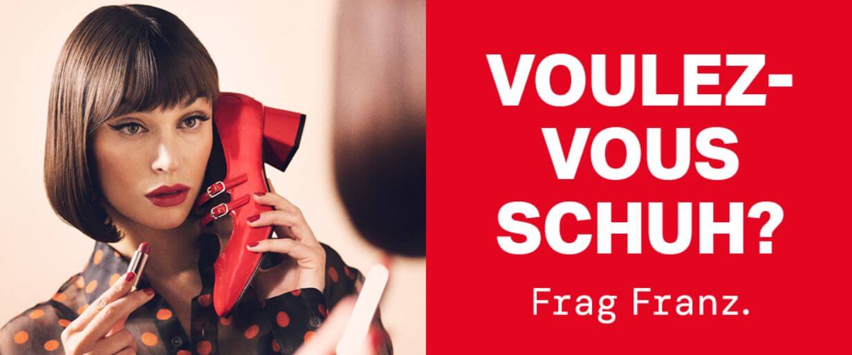 Banner für die Humanic-Gutscheinseite: "Voulez-vous Schuh? Frag Franz."
