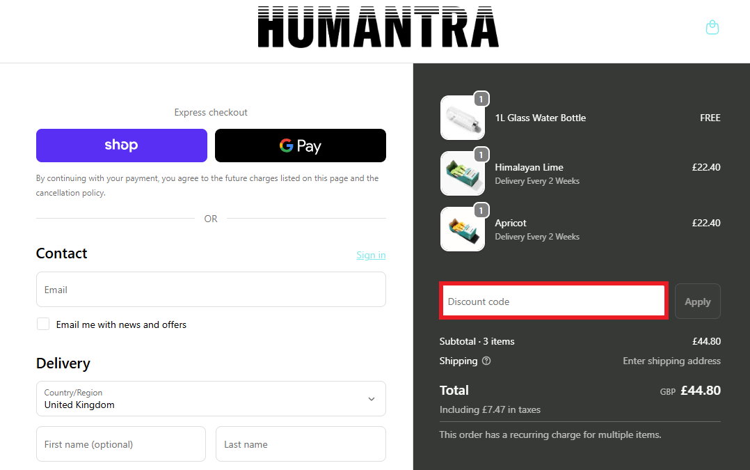 Humantra discount code box during checkout image