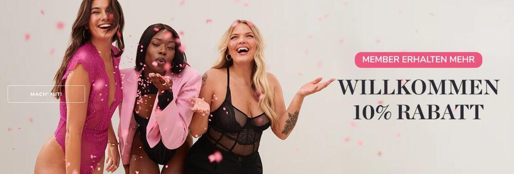 drei Frauen in Dessous auf Banner für 10 % Willkommensgutschein für Hunkemöller Member