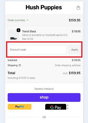 Hush Puppies discount code box at checkout
