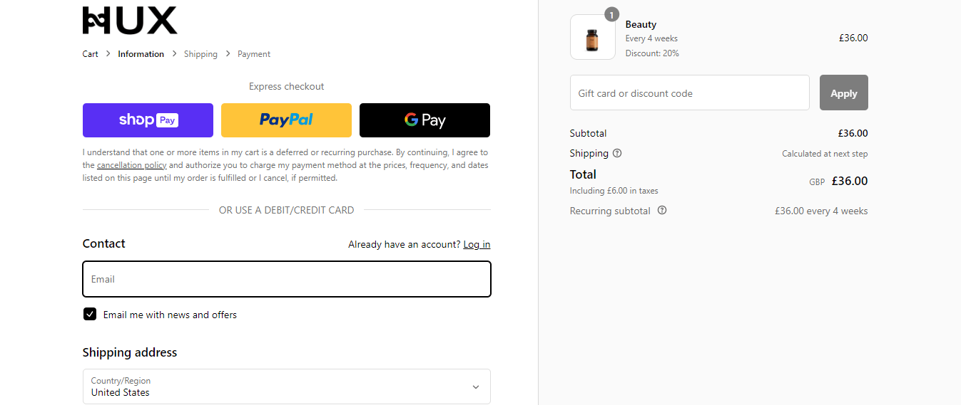 The HUX disconut code application box on the checkout page