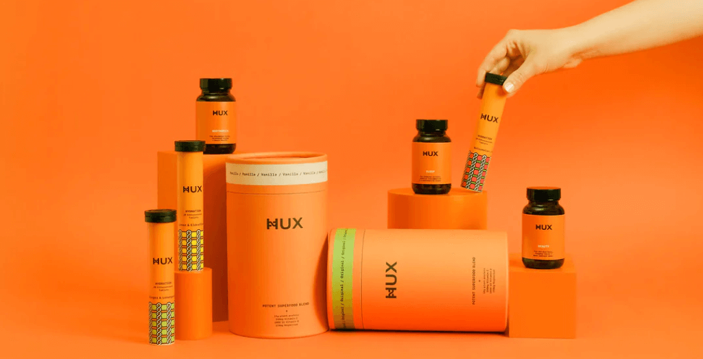 The product range from HUX including hydration and nutrition supplements