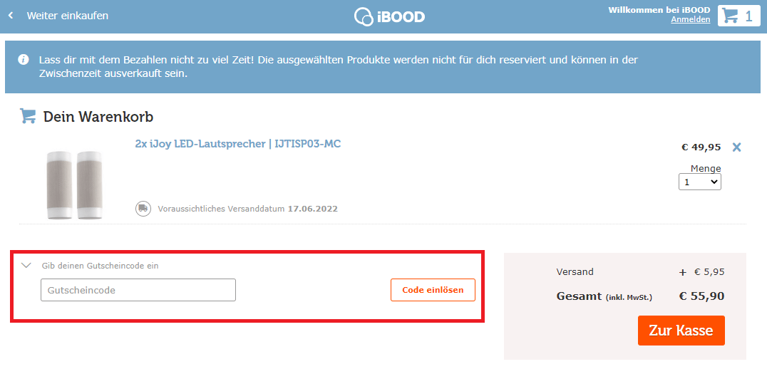 Screenshot des Eingabefelds, in dem du einen iBOOD-Gutschein eingeben kannst