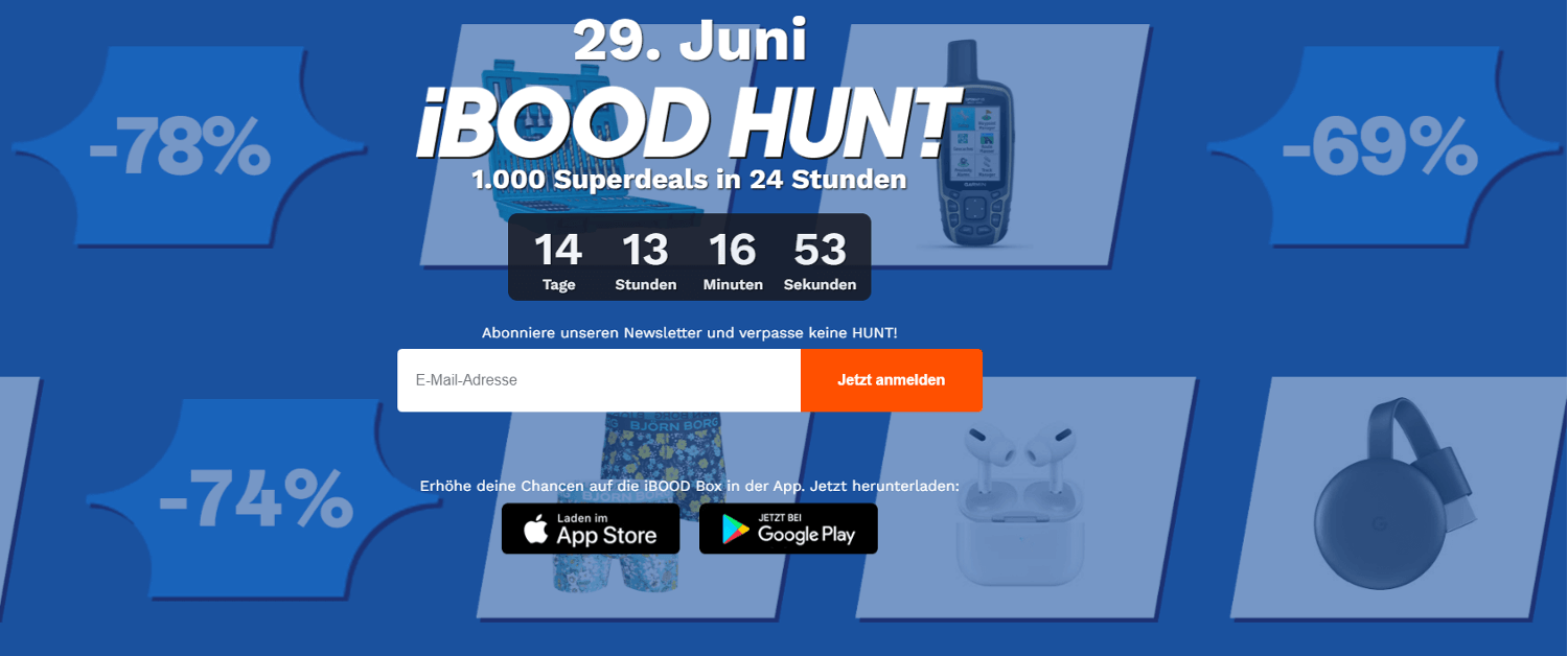 Banner für Deals mit bis zu 78 Prozent Rabatt während der iBOOD-Hunt