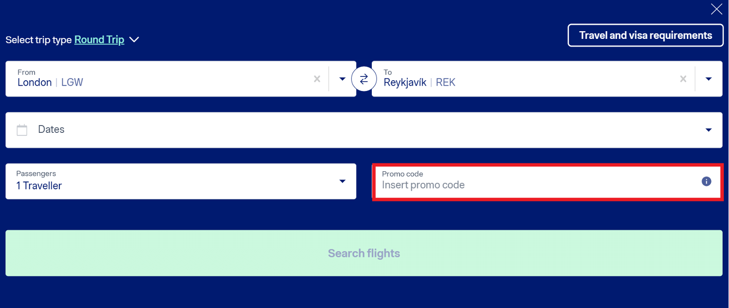 IcelandAir discount code box during booking process