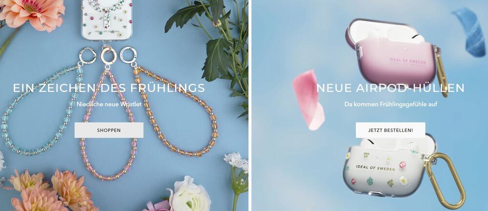 Perlen-Wristlets und durchsichtige Airpod-Hülle mit Blumenmuster aus der aktuellen Frühlingskollektion von Ideal of Sweden