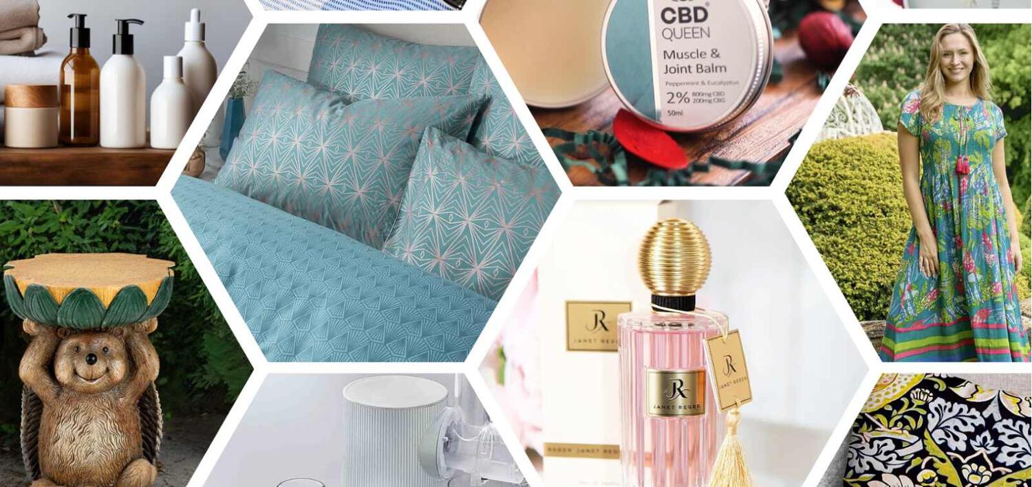 Ideal World savings tips banner showing a selection of products in hexagon shapes, including a duvet cover, perfume and garden plant stand