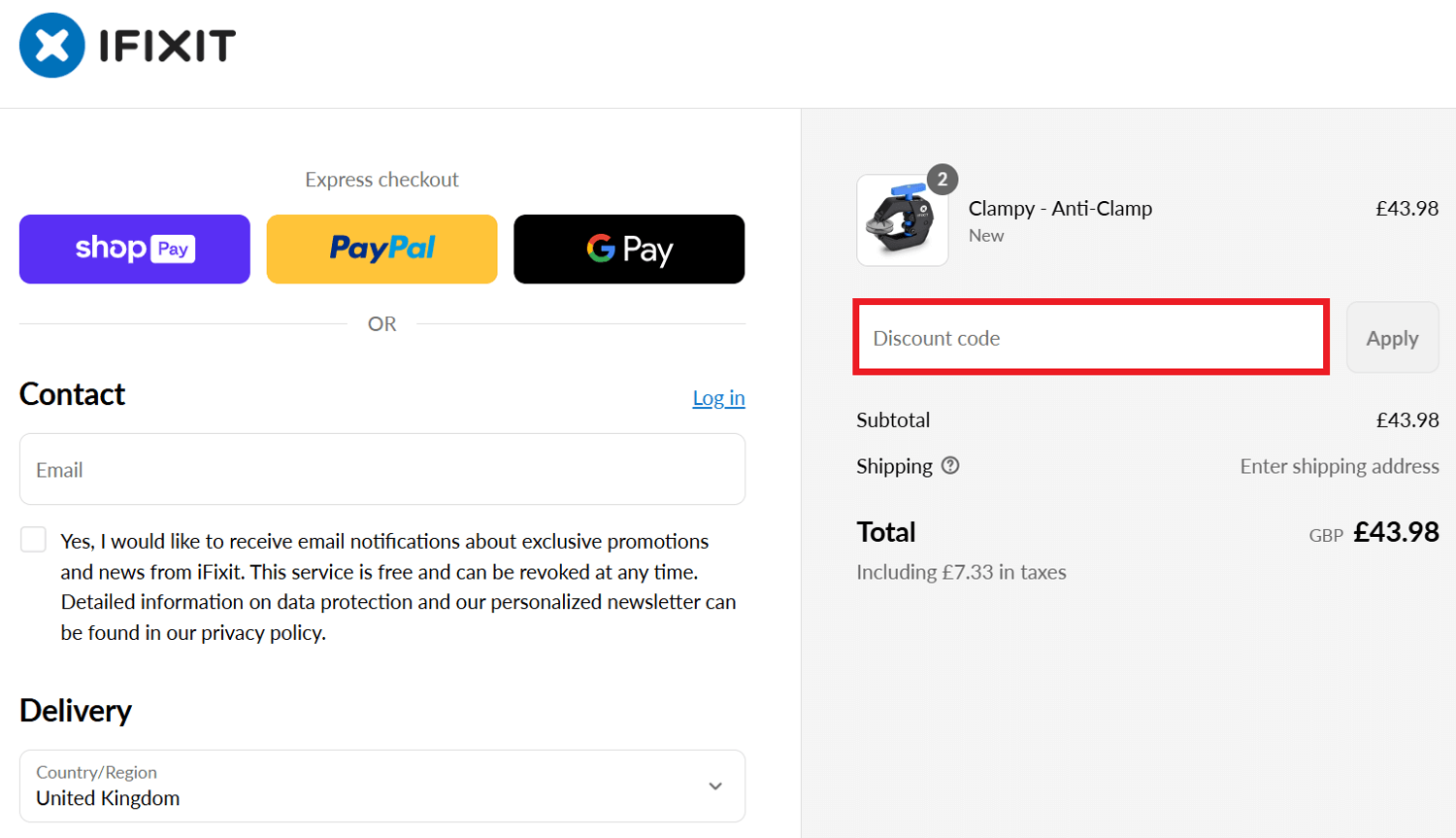 iFixit discount code box in shopping cart image