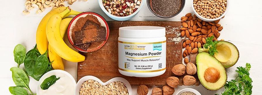 Foto von Nüssen, Obst und Gemüse mit iHerb Nahrungsergänzungsmittel Magnesium Powder in der Mitte