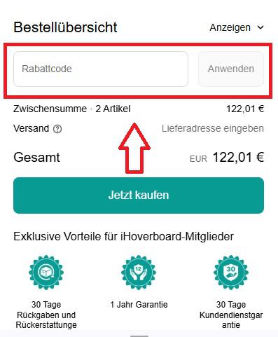 Screenshot von der Bestellübersicht, um einen iHoverboard Gutschein einzulösen